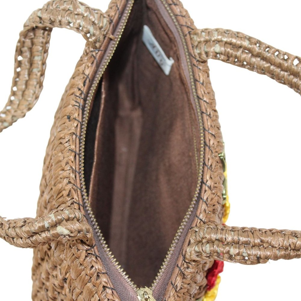 Vintage 1970's Raffia Straw Crochet Floral Embellishments Double Handled Purse - Picture 13 of 16